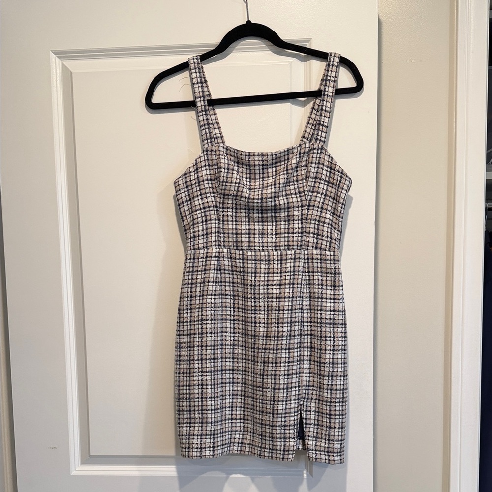 A&F Plaid Square Neck Mini Dress in Navy and Cream